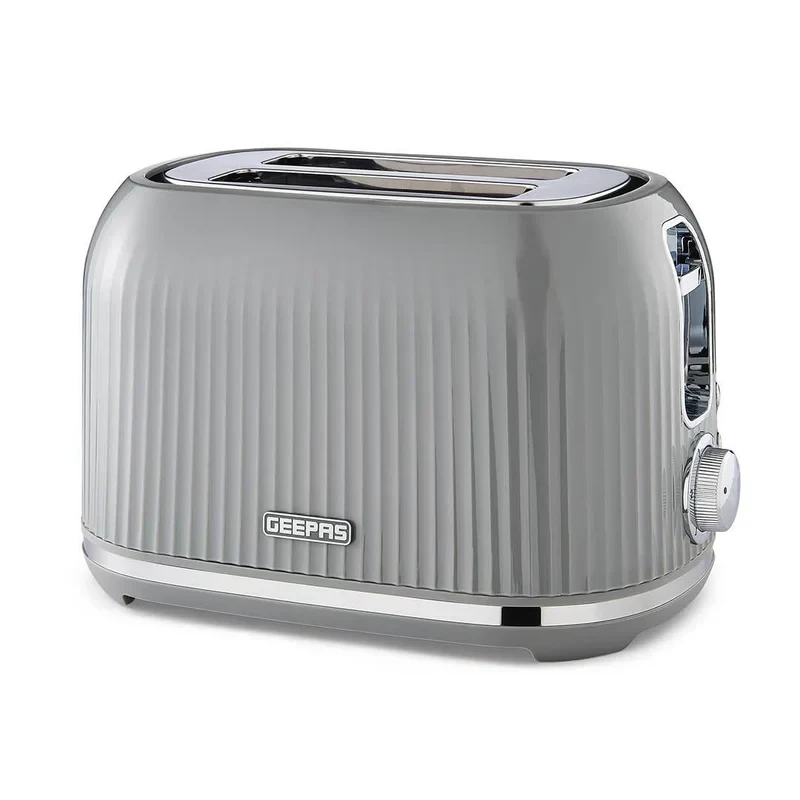 Geepas Fluted Bread Toaster model GBT36558UK-GR has a 2 slice slot, 6 adjustable browning control settings, a removable crumb tray, and features a defrost and reheat button.