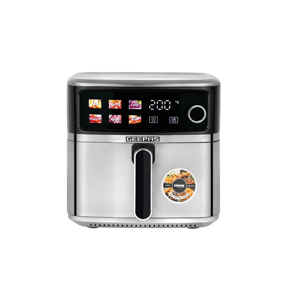 Geepas Digital Air Fryer - GAF37534T, 8 liters, made of stainless steel, comes with 6 preset cooking programs, allows oil-free cooking, has adjustable temperature settings from 70 to 200 degrees Celsi