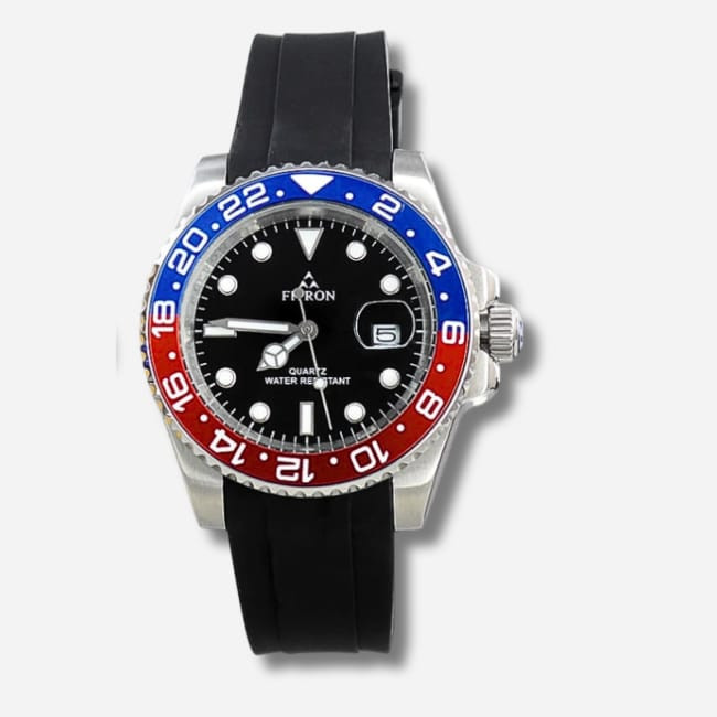 Fitron Mens Watch Black Rubber Strap Pepsi Case Quartz