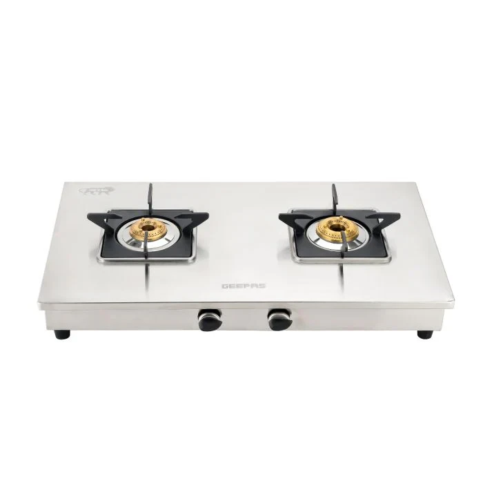 Geepas GGC31038 Stainless Steel Gas Cooker with 2 Burners, LPG Stove, Auto Ignition Feature, Durable Brass Burners, Heavy Duty Pan Support, Safe and Efficient Cooking.