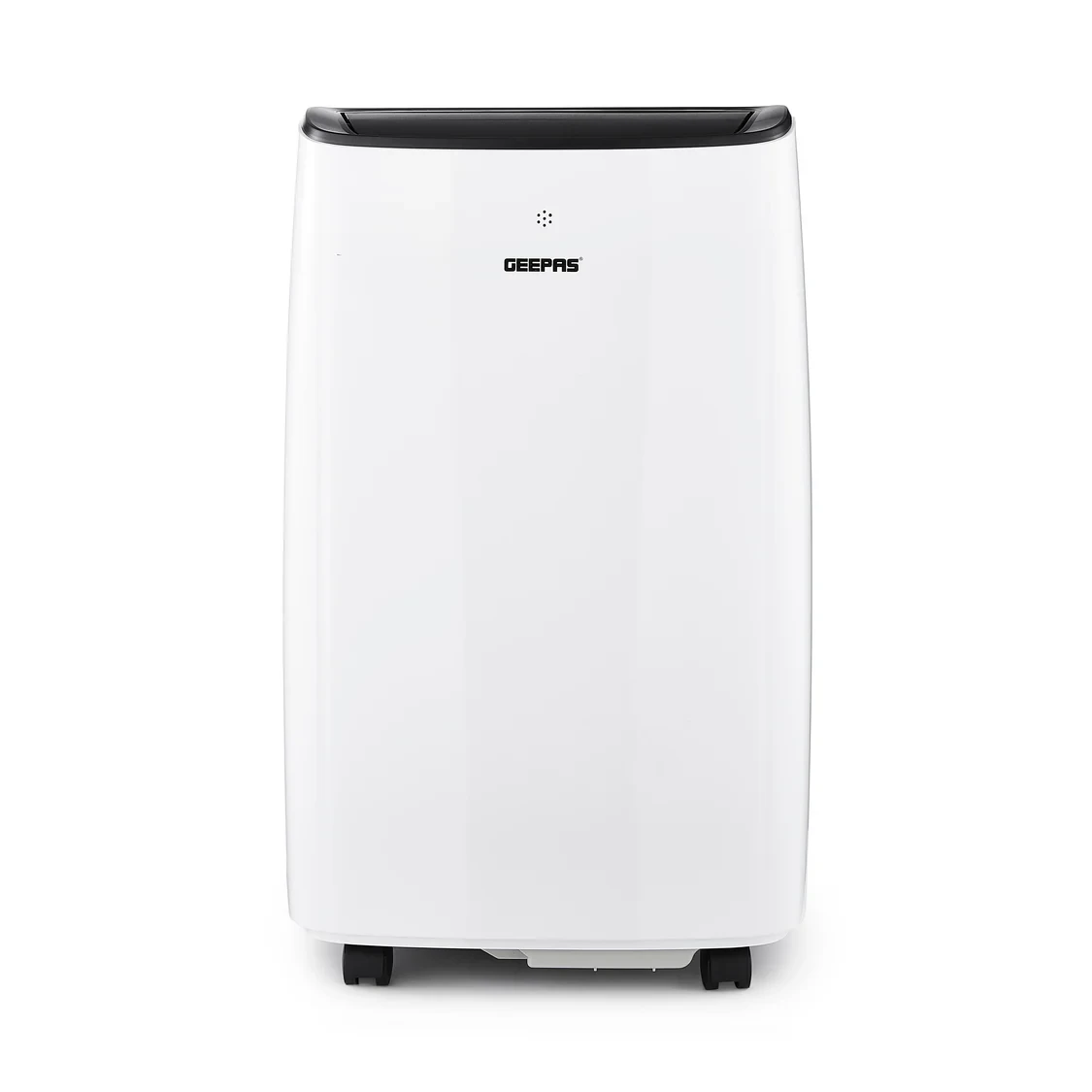 Geepas Portable Air Conditioner GACP1220CU with 12,000 BTU cooling power, three-in-one mode, digital display, remote control, dehumidifier function, and timer.