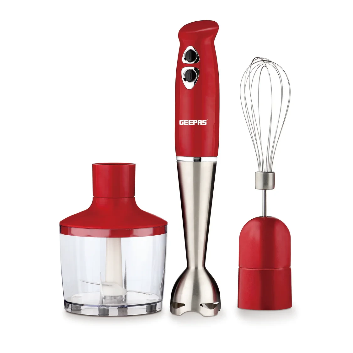 Geepas GHB43018UK hand blender features a 400W DC motor, two speed settings, a stainless steel blending rod, and comes with an 860ml chopper and egg whisk. It is built to last and is easy to clean.