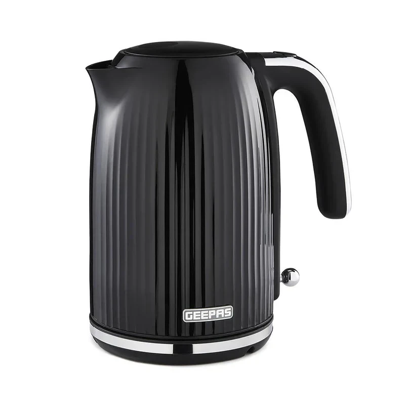 Geepas 1.7L Fluted Black Jug Kettle GK38068UK-BK with 3000W rapid boiling, 360-degree cordless base, auto shut-off feature, and boil-dry protection, featuring an elegant design.