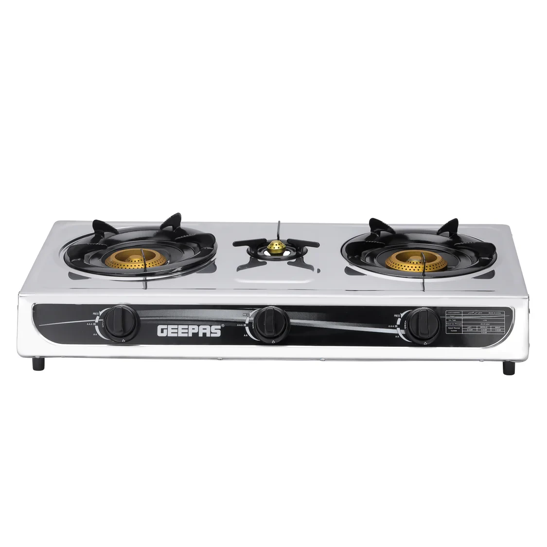 Geepas GK6857 is a gas cooker with three burners and a stainless steel body. It has an auto ignition system and provides strong heat output of 5.60kW. The design makes it easy to clean.