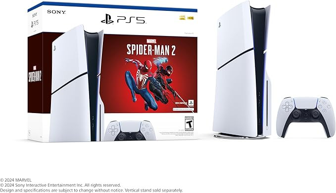 PlayStation 5 Slim Edition Disc Console from 2023, bundled with Marvel's Spider-Man 2, international version, featuring a 1TB SSD, 4K gaming capabilities, and a DualSense controller.