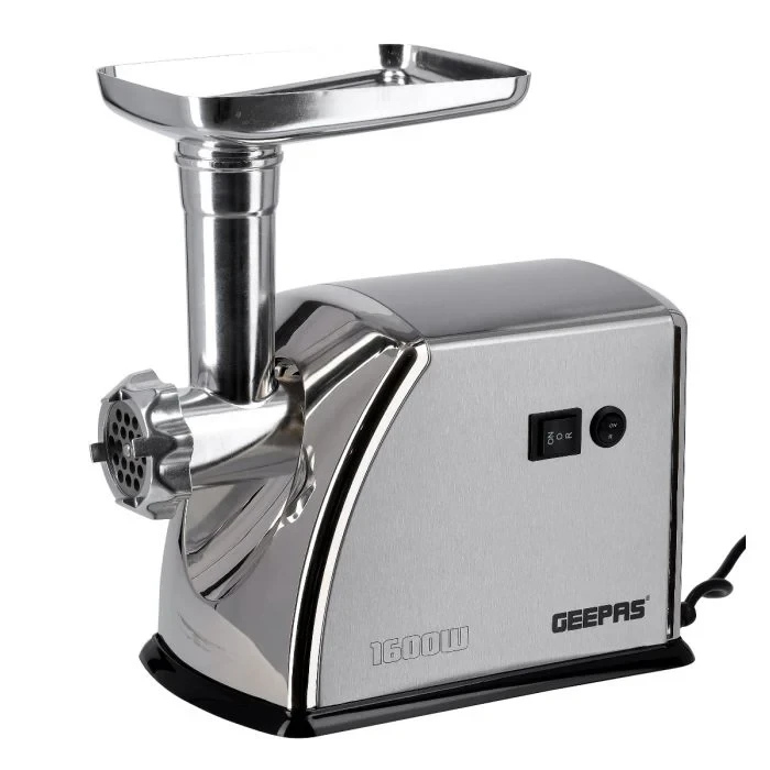 Geepas GMG1909 stainless steel meat grinder, 1600W electric meat mincer with a powerful motor, reverse function, three cutting blades, sausage and kubbe accessories, and a durable design.