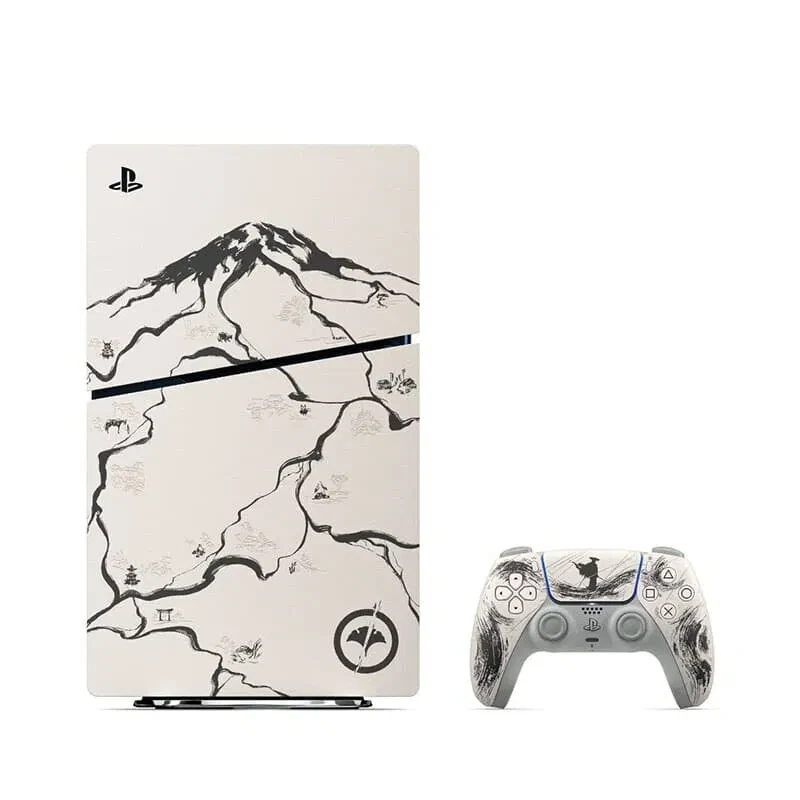 PlayStation 5 console with the Ghost of Yotei Black Limited Edition bundle, international version, featuring a 1TB SSD, 4K gaming capabilities, and included DualSense controller.