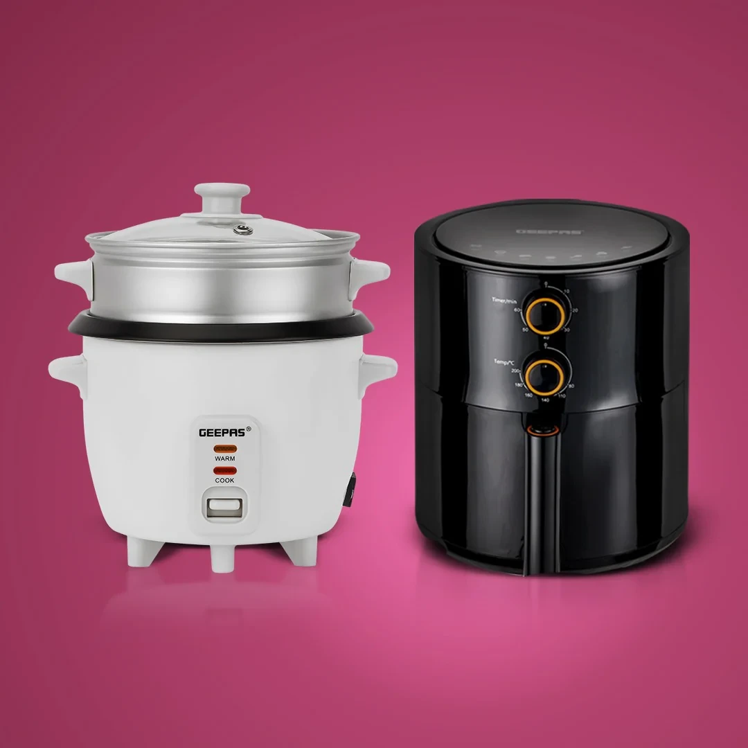 Geepas Home Essentials Combo includes a 4L Vortex Air Fryer and a 0.6L Rice Cooker, making it a smart and compact kitchen set perfect for healthy everyday cooking.
