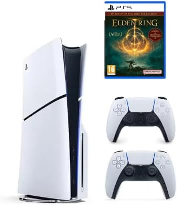 Sony PlayStation 5 Slim edition with disc drive, plus an extra white DualSense controller, comes with the game Elden Ring – international version, featuring a 1TB SSD and 4K gaming capabilities.