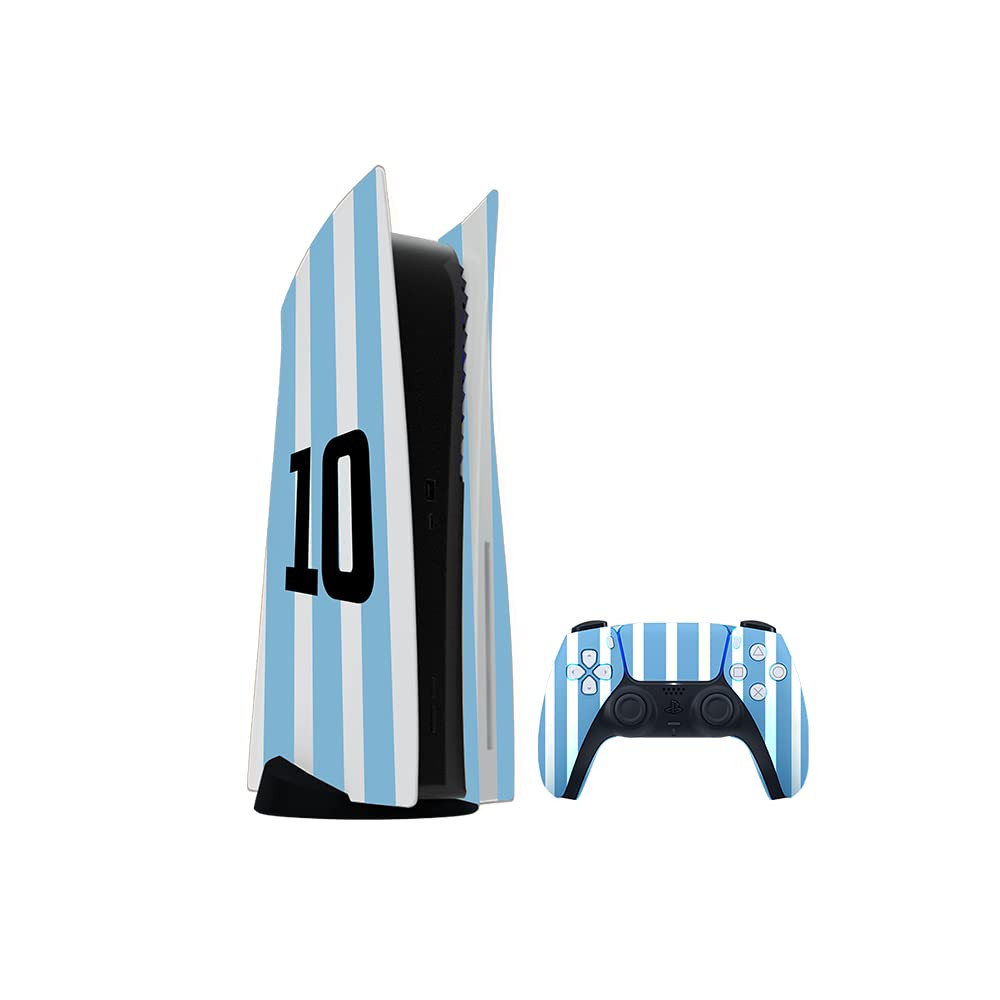 Merlin Craft's customized PS5 gaming console with an international disc version, including one custom controller in Argentina blue, featuring a 1TB SSD and 4K gaming capabilities.