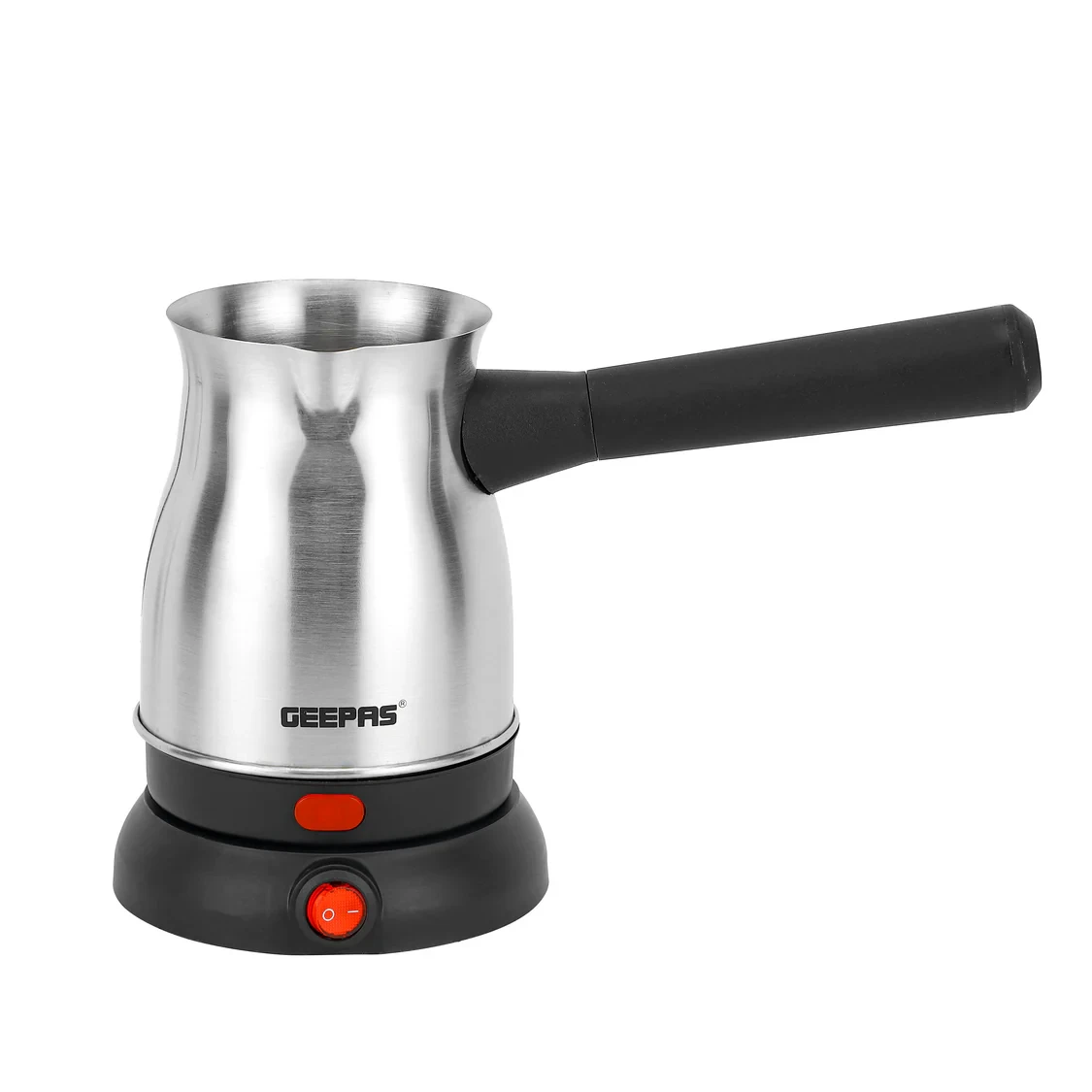 Geepas Electric Turkish Coffee Maker GK38050 with a 0.8-liter capacity, 800W power, stainless steel body, 360-degree rotating base, and works great for coffee, milk, and water.