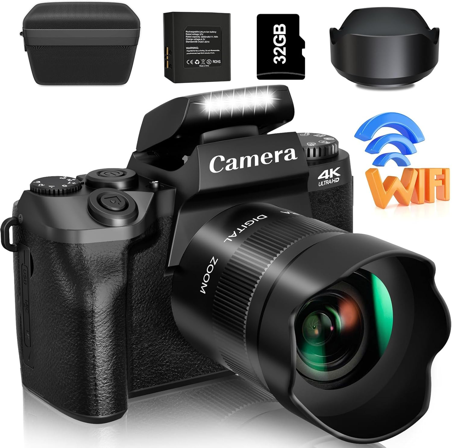 Saneen - Digital Camera, 4K for Photography and Video, 64MP WiFi Touch Screen Vlogging Camera for YouTube with Flash, 32GB SD Card, Lens Hood, 3000mAh Battery, Cameras
