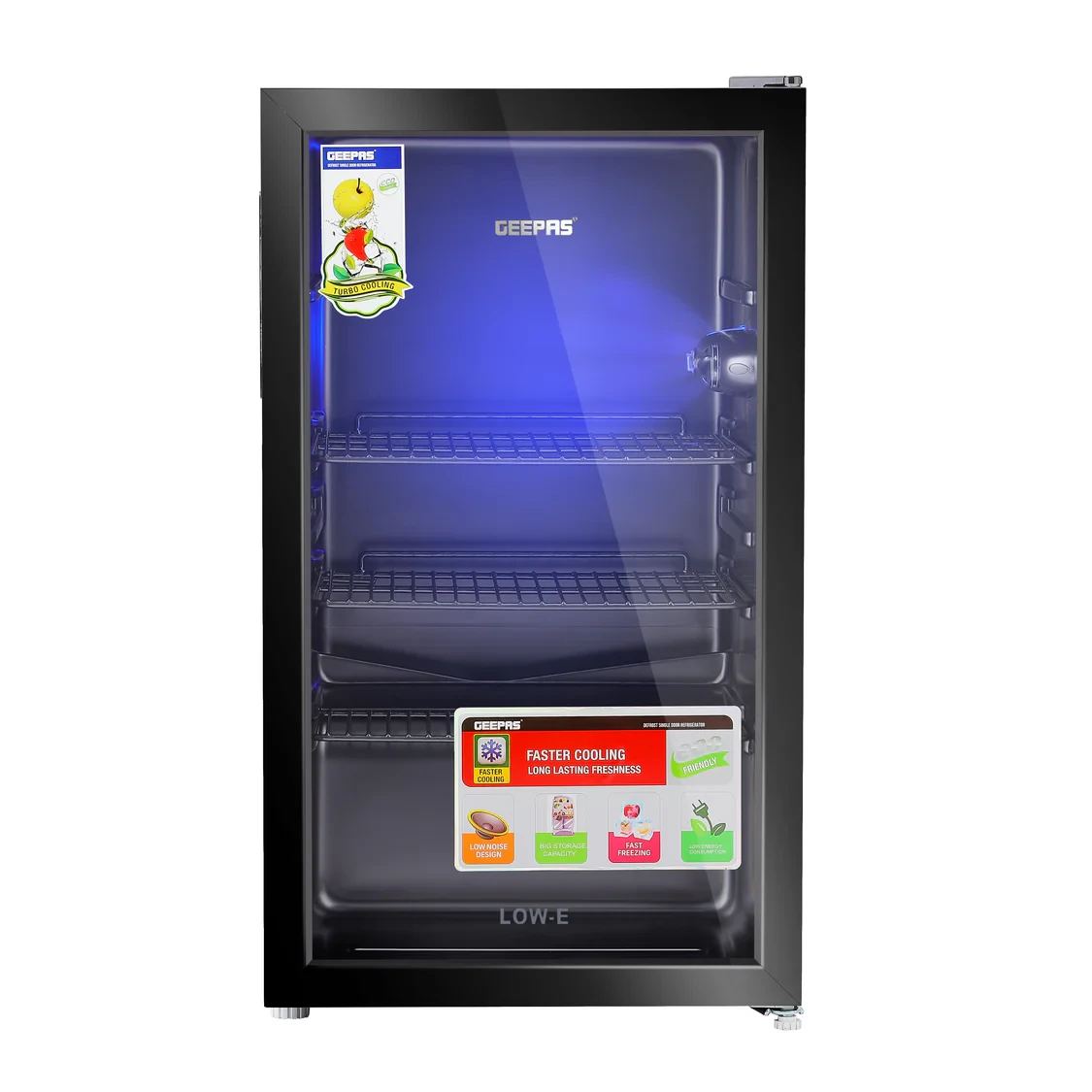 Geepas GSC1223 Show Bite Single Door Display Fridge Low Noise, Quick Cooling LED Light Black Finish Energy Effective Beverage Cooler