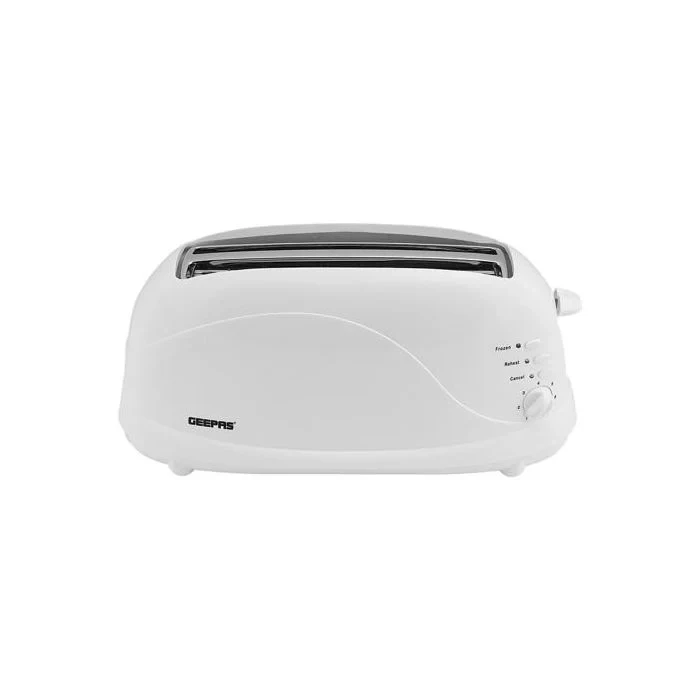 Geepas GBT9895 4-Slice Bread Toaster with 1100W power, browning control settings, cancel function, removable crumb tray, cord storage, and a heat-resistant body.