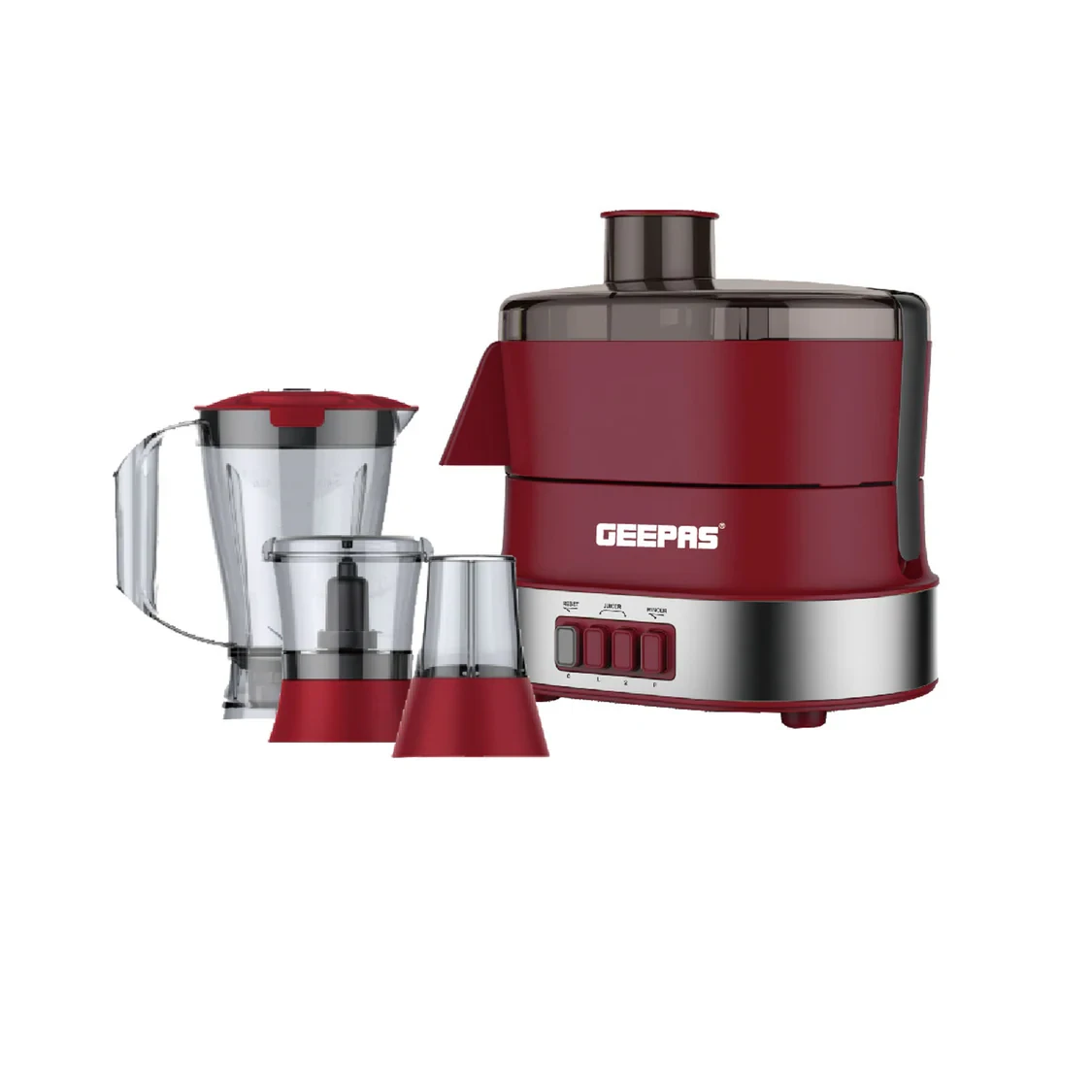 Geepas GSB9990 4-in-1 Food Processor that also works as an electric blender, juicer, and includes a coffee grinder and mill