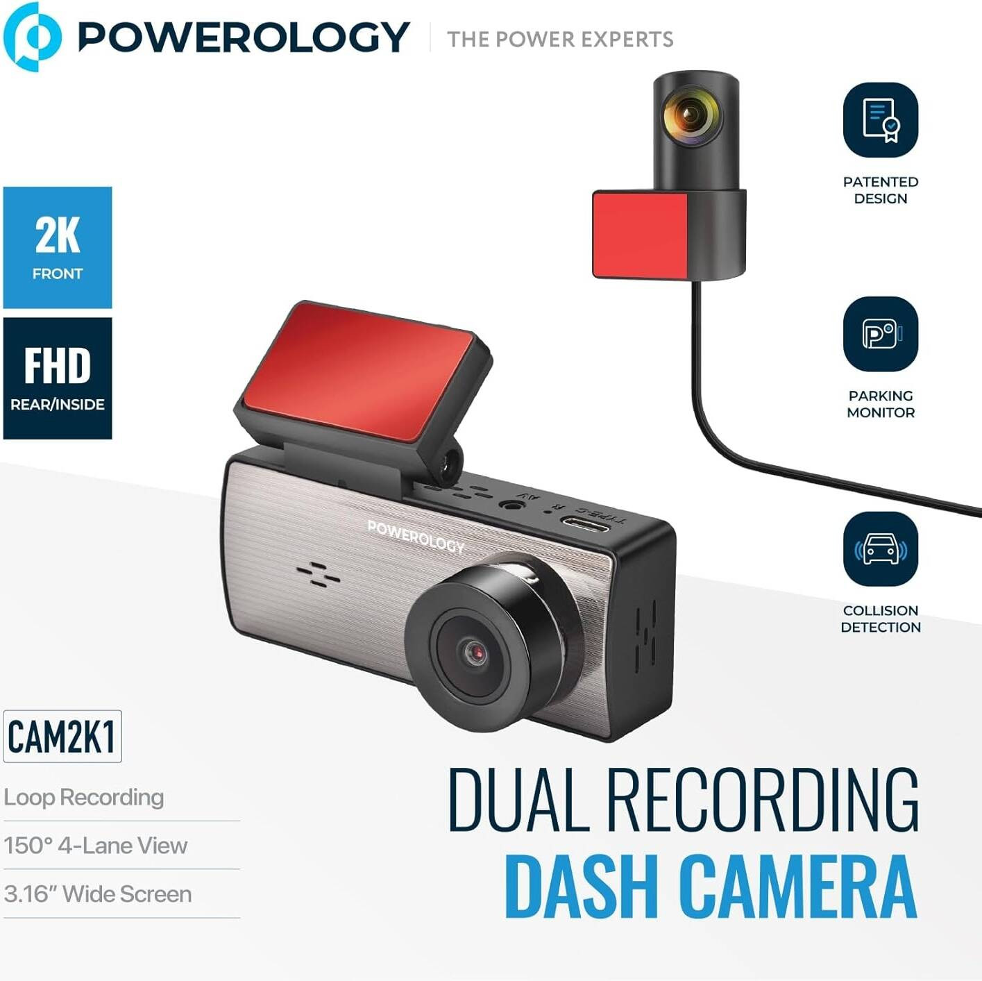 Powerology Dual Recording Dash Camera, Three-Axis Accelerometer, 2560x1440 Front Camera Resolution, -10°C to 70°C Operating Temperature, Parking Monitor, Loop Recording, Built-in MIC and Speaker-Black