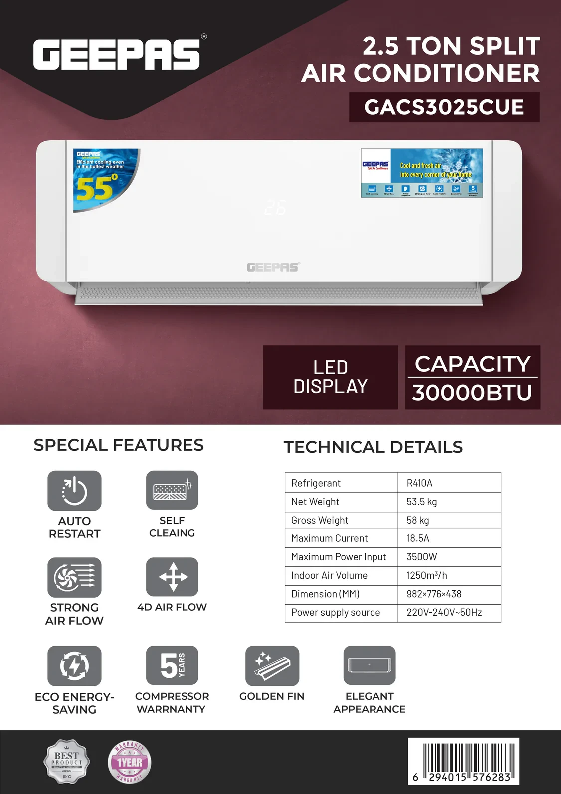 Geepas 2.5 Ton 30,000 BTU Split Type Air Conditioner GACS3025CUE with LED Display, Auto Restart Function, Self-Cleaning Feature, Elegant Design, White Color.