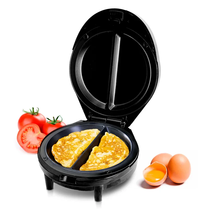Geepas Omelette Maker GOM36535UK features a non-stick 185mm plate, 1000 watts of power, green and red indicator lights, automatic temperature control, and anti-slip feet.