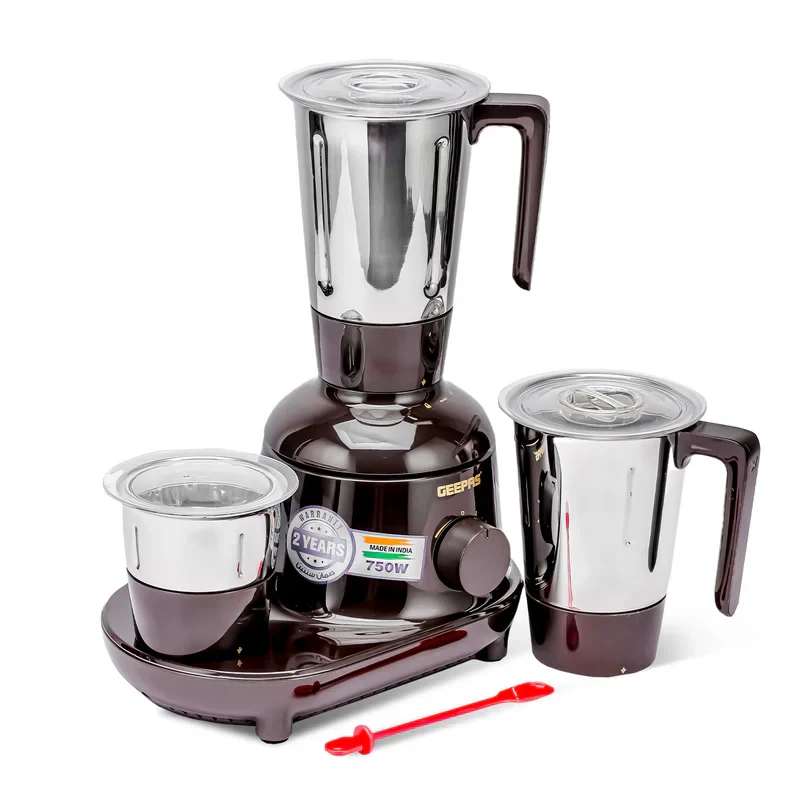 Geepas GSB44086 3-in-1 Mixer Grinder with a 750W strong motor, made with stainless steel jars and sharp blades, features 3 speed settings and a safety twist lock for secure use, built to last.