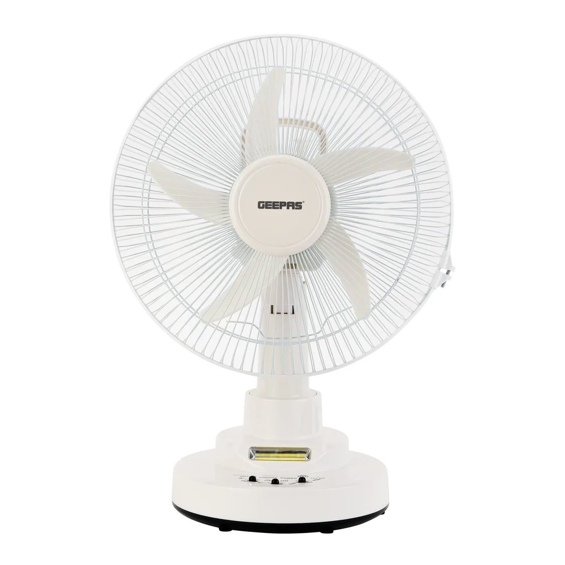 Geepas GF21118 is a rechargeable 12-inch oscillating fan with three speed settings.