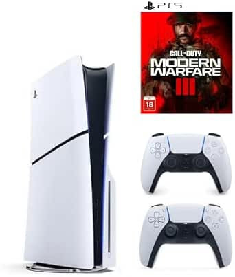 Sony PlayStation 5 Slim model with disc slot, comes with an extra white DualSense controller and includes the Call of Duty Modern Warfare III game.