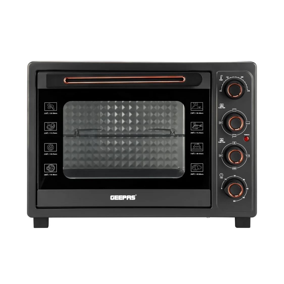 Geepas Electric Oven GO34060 has a rotisserie and convection feature. It can hold 58 liters of food. The oven has a double glass door. There's a 60-minute timer to help you keep track of cooking time