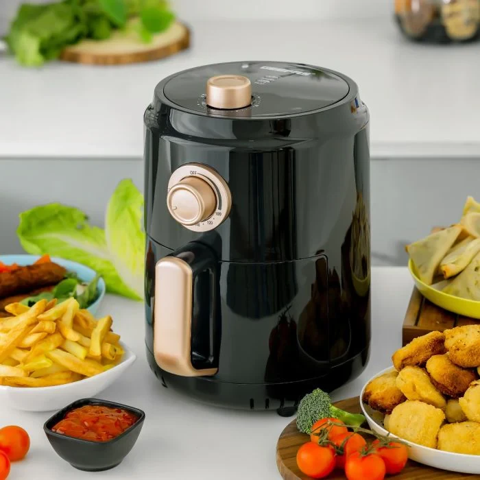 Geepas Air Fryer model GAF37516N is a small 1.8-liter air fryer with 1200 watts of power. It uses VORTX air frying technology for even cooking. You can cook without using oil and control the time and 