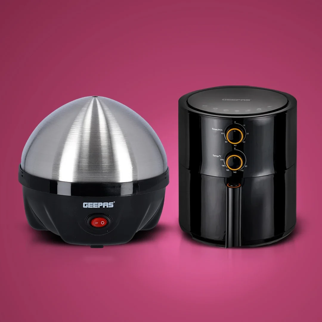 Geepas Quick and Healthy Meals Combo – 4-Liter Vortex Air Fryer and 7-Egg Electric Boiler Set, a home essential combo for smart and efficient cooking.