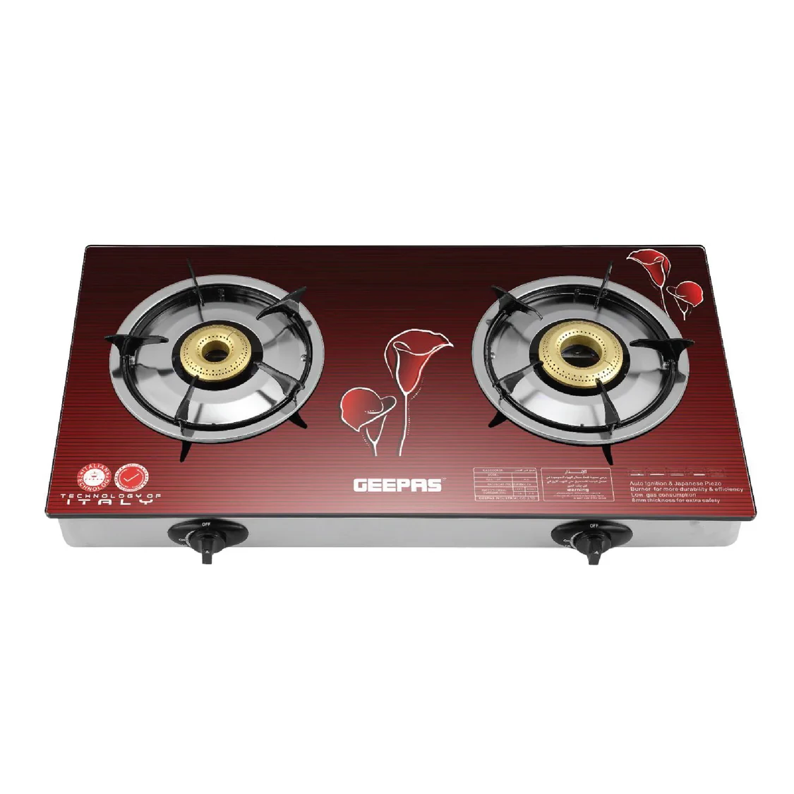 Geepas GK5602 glass top gas cooker features two high-efficiency burners for even cooking. It has auto ignition for easy lighting. The cooker comes with an 8mm tempered glass surface that's durable and