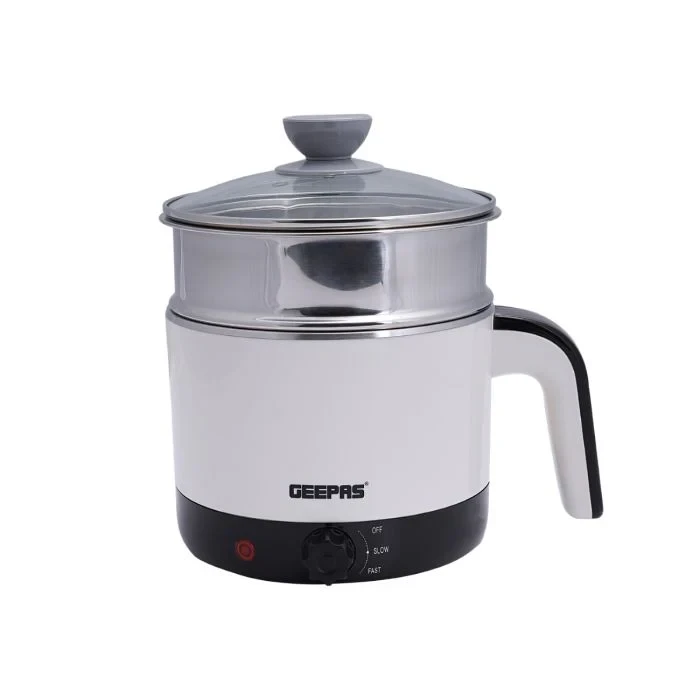 Geepas Double Layer Multifunction Electric Kettle GK38026 with 1000W power, made from stainless steel, has a safe and durable design, boils water quickly, and features a cool-touch exterior.