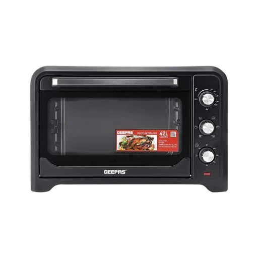 Geepas Electric Oven with Rotisserie GO4450, 42-liter capacity, 2000 watts power, 60-minute timer, adjustable temperature control, and multiple cooking functions.