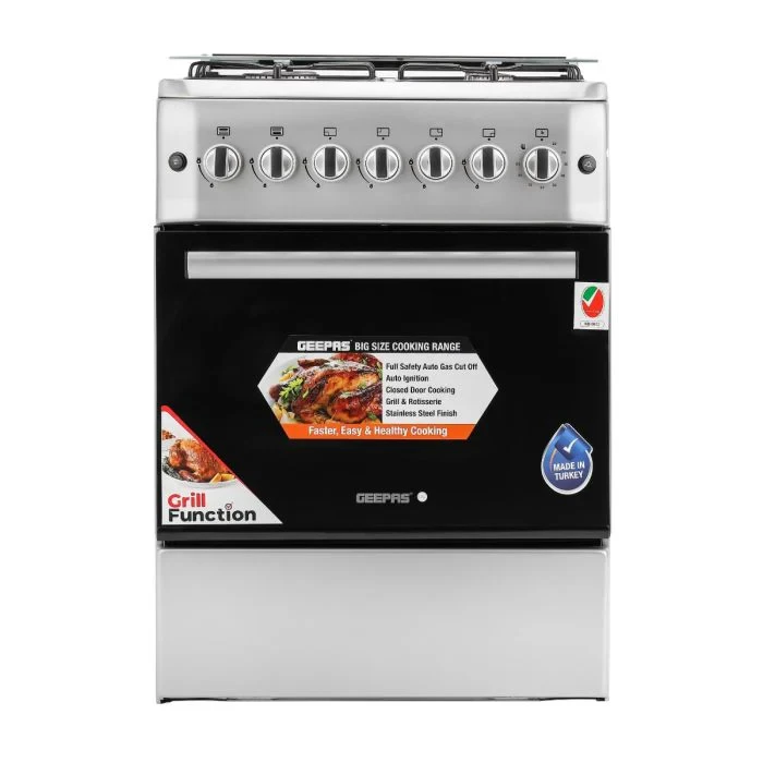 Geepas GCR6057 gas cooking range, 60x60 cm free-standing oven, features 4 Euro pool type gas burners, auto ignition, grill and rotisserie functions, and a full safety system.