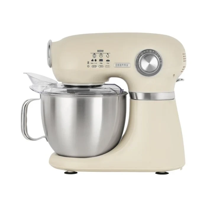 Geepas GSM43013 3-in-1 Stand Mixer with 600 watts power, 7 speed settings for mixing, comes with a 5 litre stainless steel bowl that has a splash guard. The design is convenient and includes attachmen