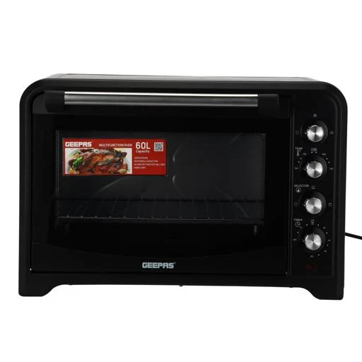 Geepas Electric Oven 60L features a rotisserie and convection function model GO4401. It has a power of 2200W, a 60-minute timer, adjustable temperature settings, multiple cooking functions, and a dura