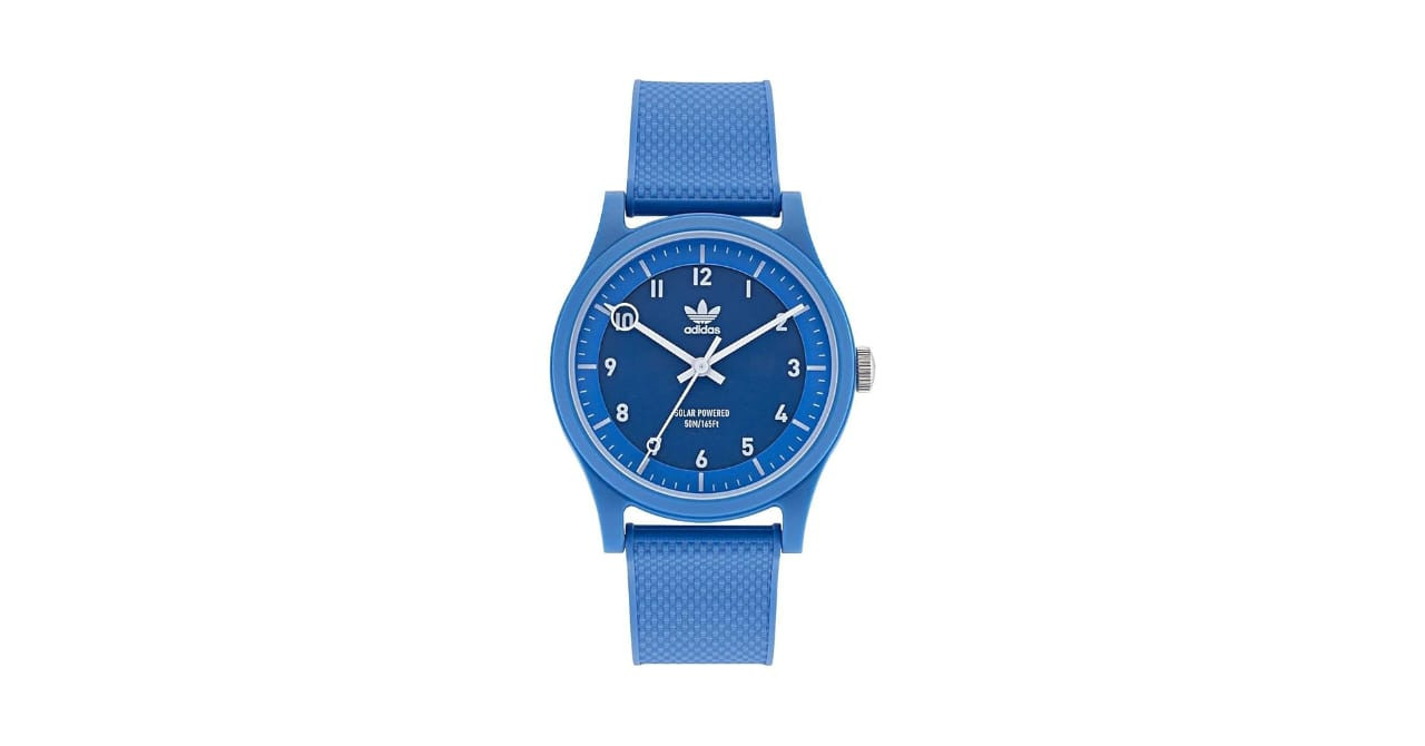 Adidas  Project One is a unisex watch made with silicone material. It has a solar-powered blue face.