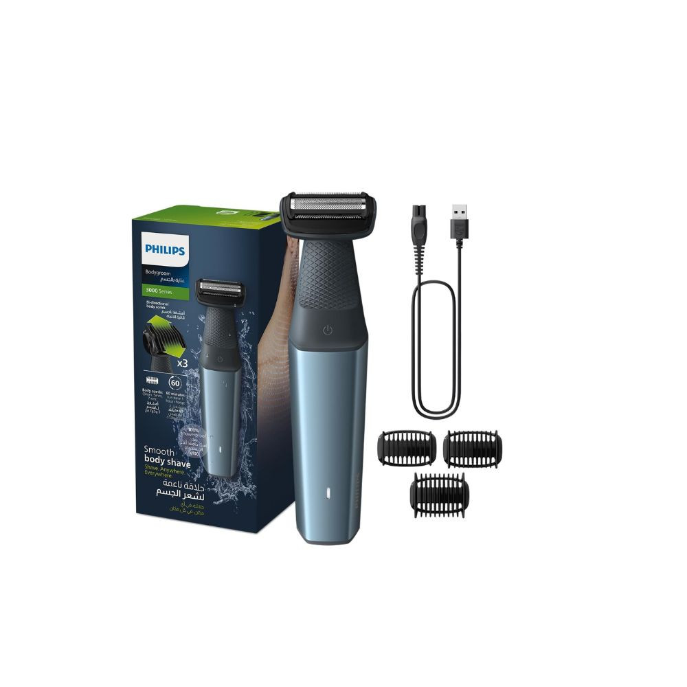 Philips Bodygroom BG3027/03,Showerproof Groin & Body Trimmer,Body Shaver, 3-Length Combs,60min Cordless, Skin Protection, Ergonomic Grip Blue/Grey