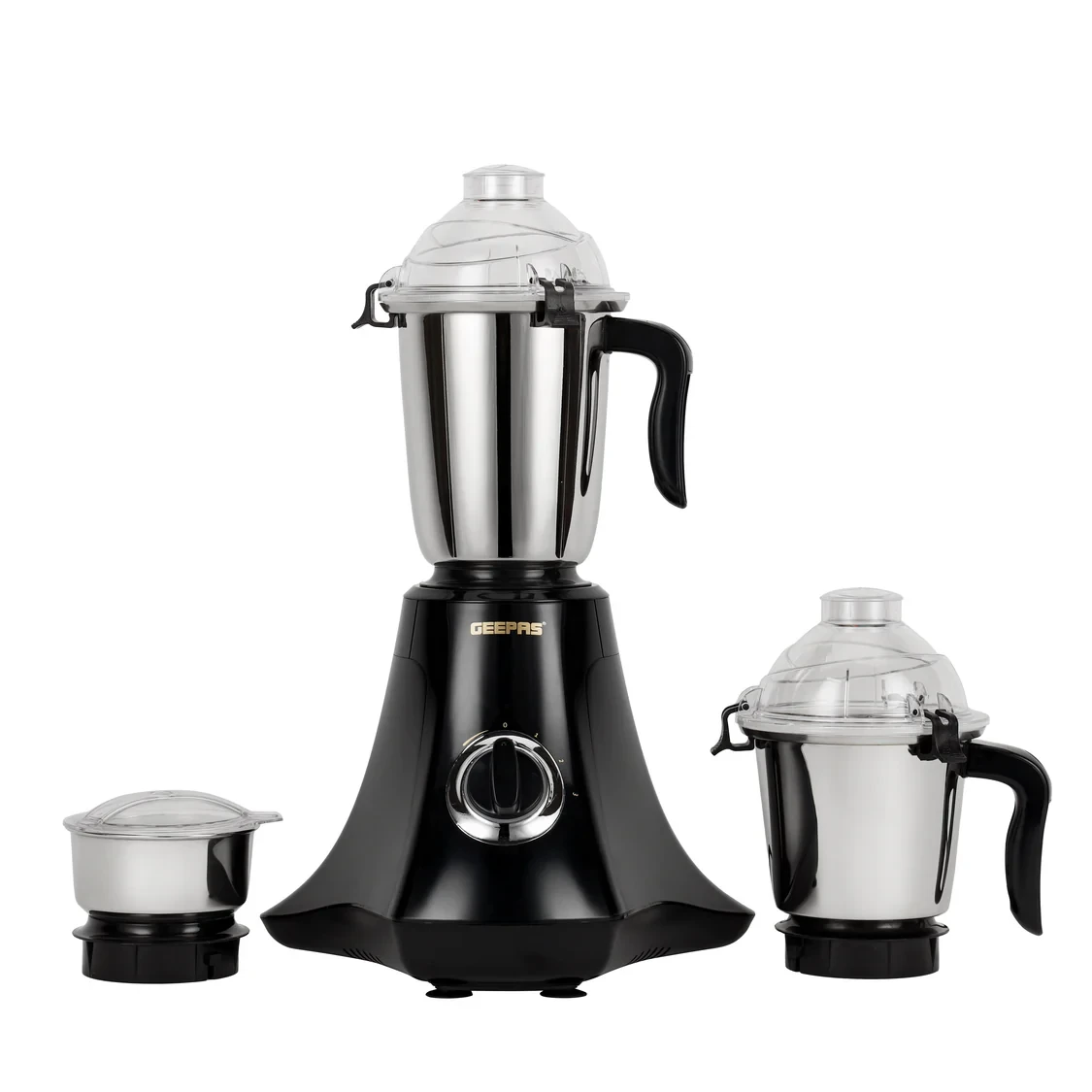 Geepas 3-in-1 Mixer Grinder model GSB44067 comes with a 750W strong motor, made with stainless steel jars and blades, and features unbreakable jar caps. It has three speed settings and is available in