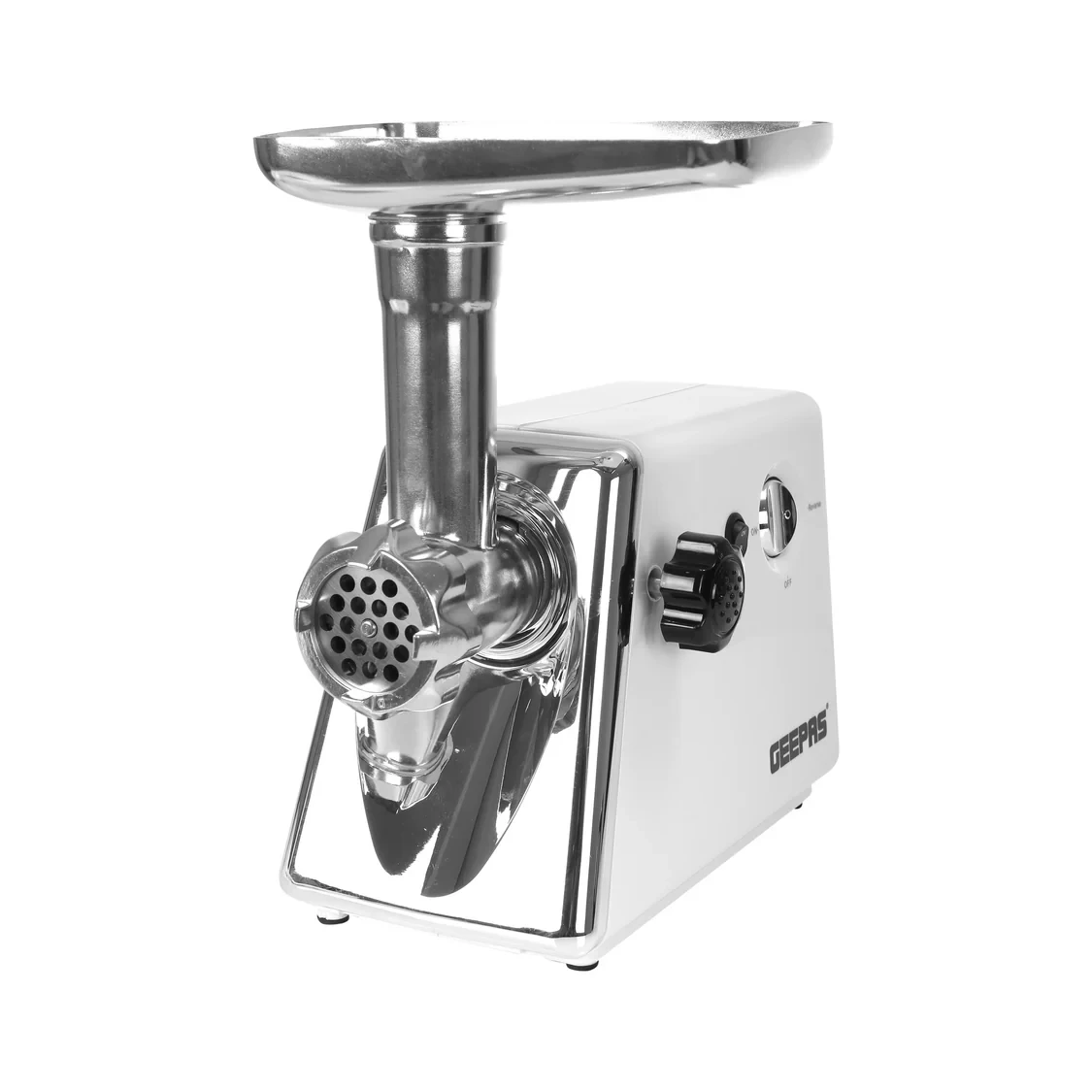 Geepas Meat Grinder with an electric motor, featuring an aluminum gearbox, three metal cutting plates, and includes accessories like metal gears and a stainless steel blade.
