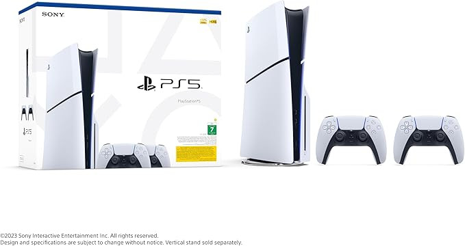 PlayStation 5 Disc Slim Console from 2023, UAE version, includes an extra DualSense controller, 1TB SSD storage, and supports 4K gaming.