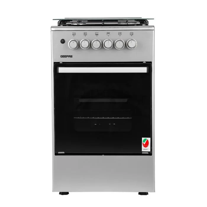 Geepas GCR5555 gas cooking range, designed to stand freely, measures 50 by 50 centimeters. It features four gas burners for cooking flexibility.