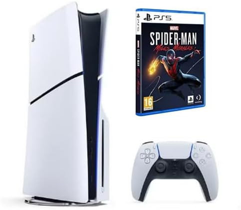 Sony PlayStation 5 Slim Edition with disc drive, featuring the game Spider-Man Miles Morales, available in the international version, comes with a 1TB solid state drive, supports 4K gaming, and includ
