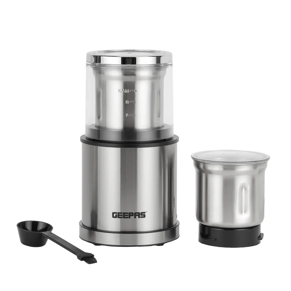 Geepas 2-in-1 Coffee Grinder model GCG41021 features a 200W motor, a durable wet and dry grinding jar, a stainless steel housing and blade, an ergonomic grip, and a press down operation.