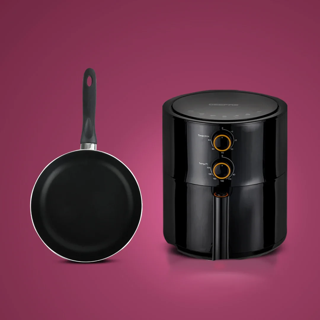 Geepas Healthy & Versatile Cooking Duo Combo – 4L Vortex Air Fryer and Royalford 24cm Non-Stick Frypan, Oil-Free and Efficient Kitchen Set.
