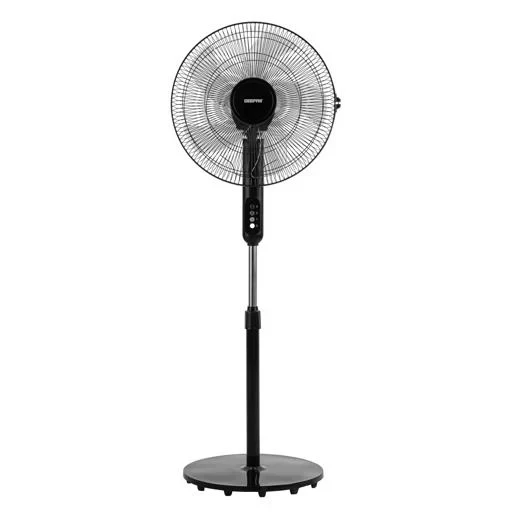 Geepas GF9615 16-Inch Stand Fan with a 50W powerful motor, 5 blades, 3-speed control, oscillation feature, and adjustable height.