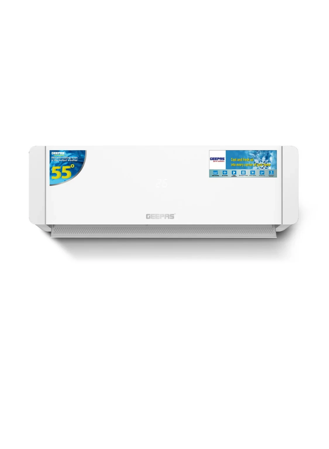Geepas KACS245CUE Smart Split 2 Ton Air Conditioner with 24,000 BTU cooling capacity, Wi-Fi control, LED display, 4D air flow, fast cooling, and auto diagnosis along with self-cleaning features.