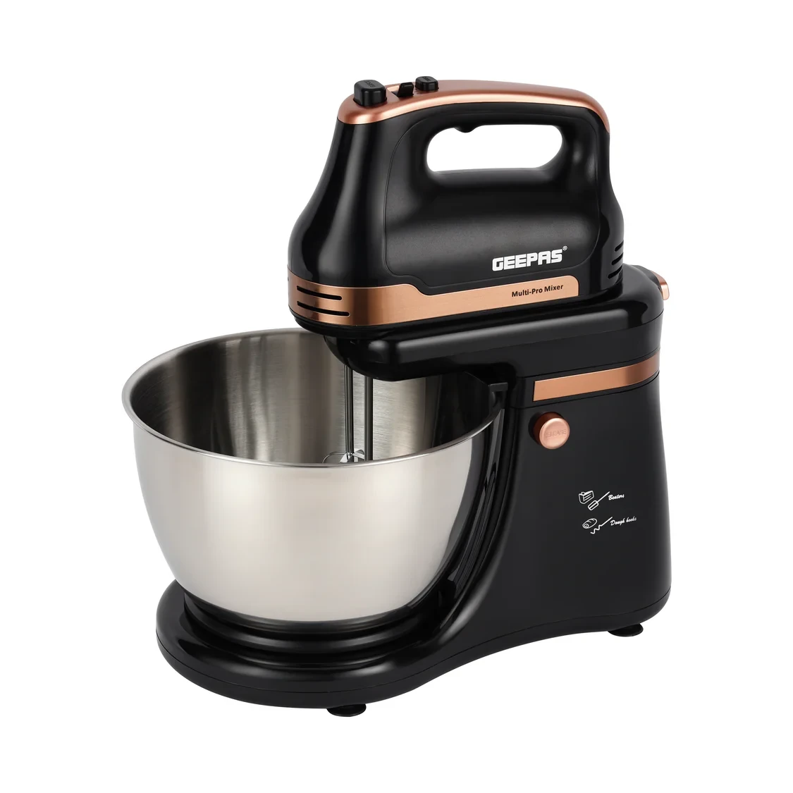 Geepas Stand Mixer GSM43033 features a 500W strong motor, comes with a 4.5-liter stainless steel bowl, and has 5 speed settings plus a turbo function.