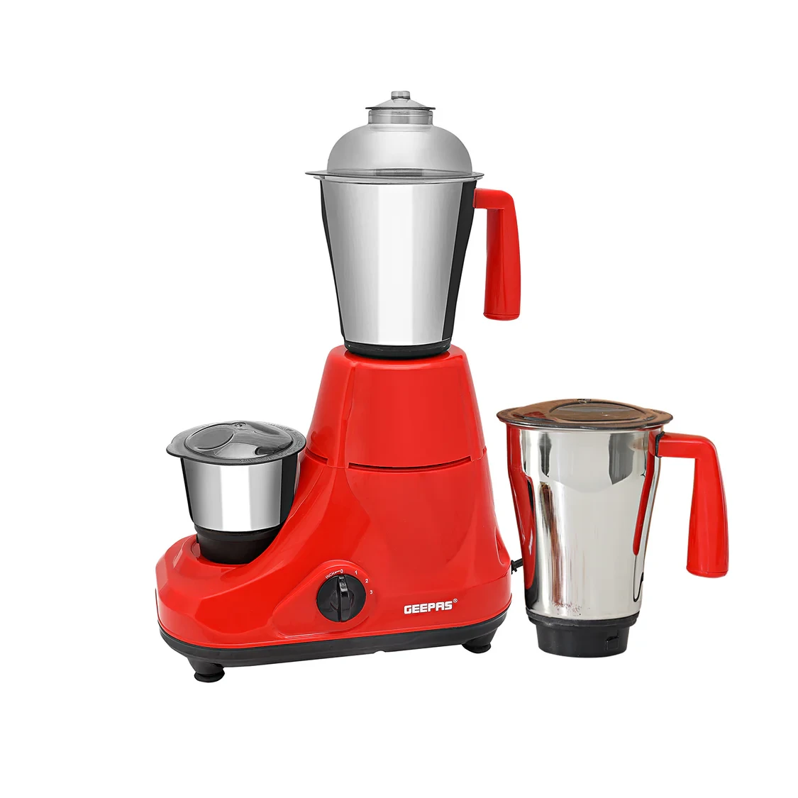Geepas 3-in-1 Mixer Grinder has a strong motor, comes with stainless steel jars, and is great for grinding, mixing, and blending. It also has sharp stainless steel blades.