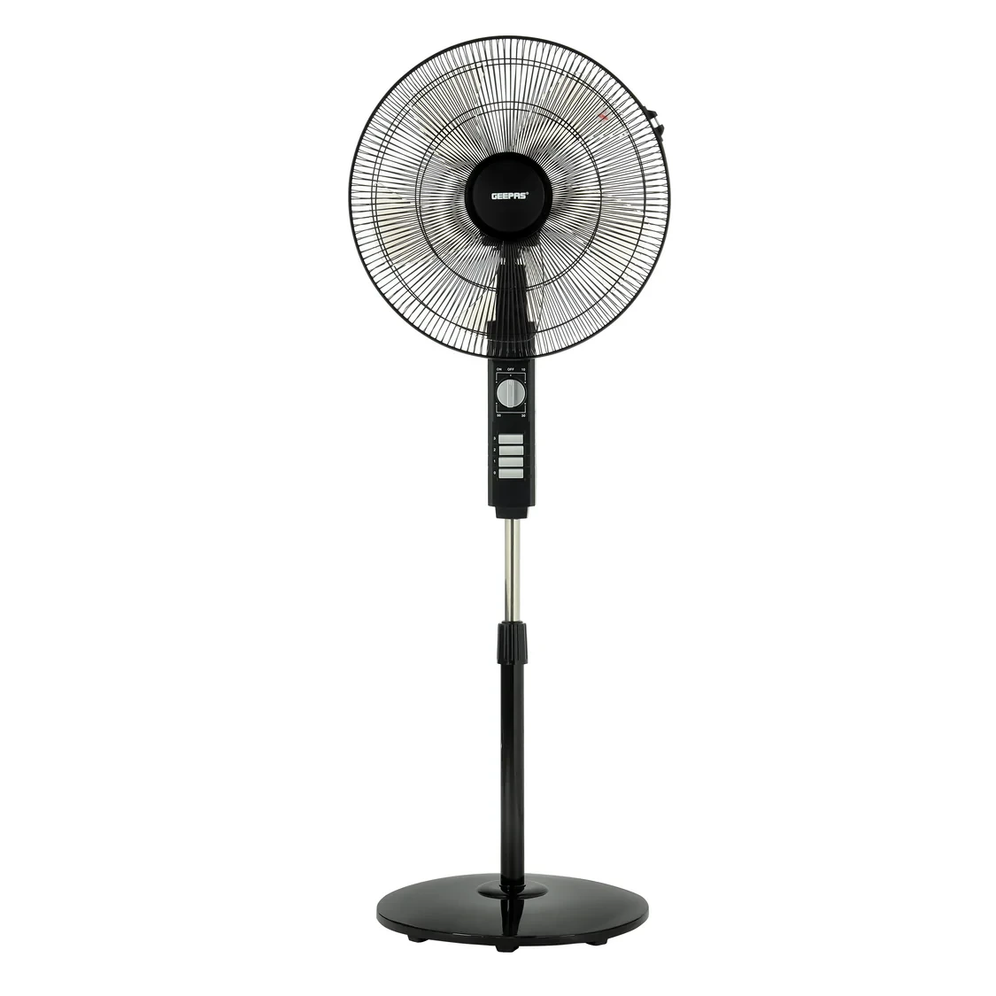 Geepas GF9605 18-inch stand fan has a 3-speed piano switch. It features a 60W strong motor and a 5-blade design