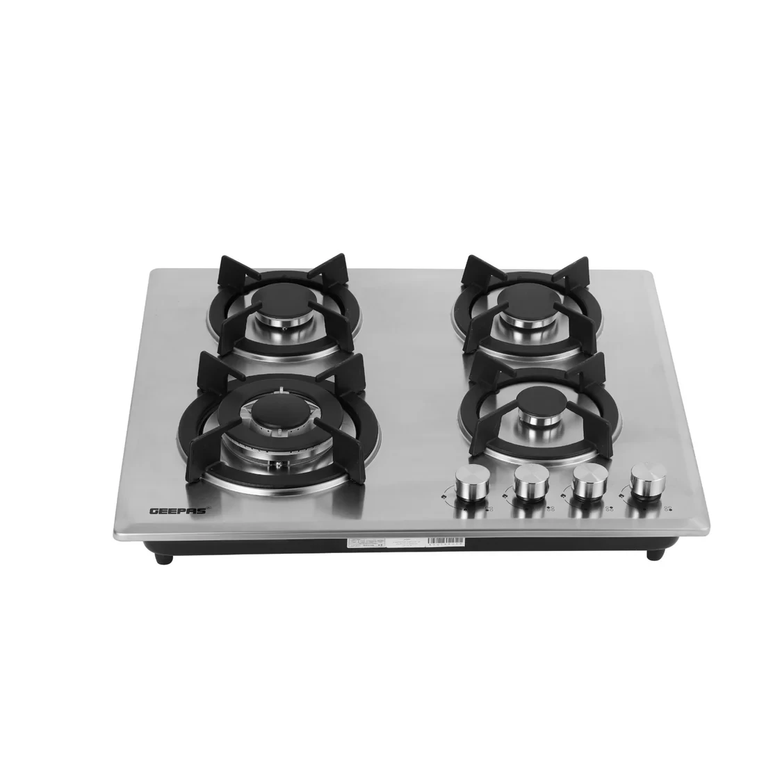 Geepas GGC31026 Built-In Gas Hob with 4 Burners, Stainless Steel Gas Stove, Auto Ignition Feature, Durable Cast Iron Pan Support, and Easy-to-Clean Design.