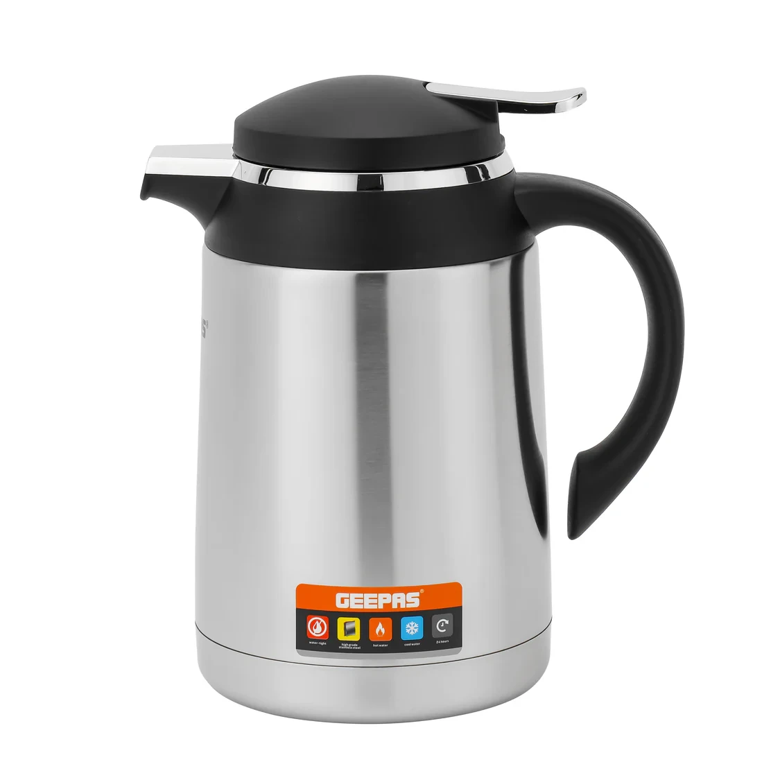 Geepas Stainless Steel Vacuum Flask GVF27022, 1.0L capacity, keeps drinks hot or cold for a long time, built to last, simple to clean, reusable, and has a stylish look.